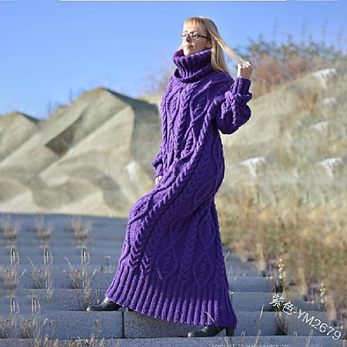 

Women's Sweater Jumper Dress Maxi long Dress Black Purple Army Green Brown Gray Long Sleeve Solid Color Pocket Patchwork Fall Spring Turtleneck Elegant Formal 2021 S M L XL XXL 3XL 4XL 5XL