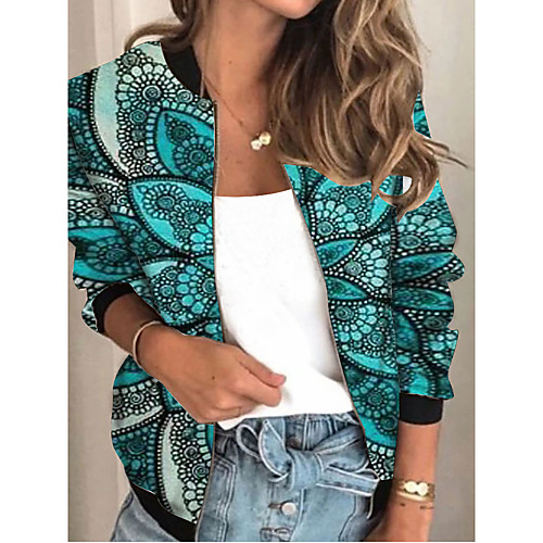

Women's Geometric Patchwork Streetwear Spring & Fall Jacket Regular Sports Long Sleeve Rayon Coat Tops Blue