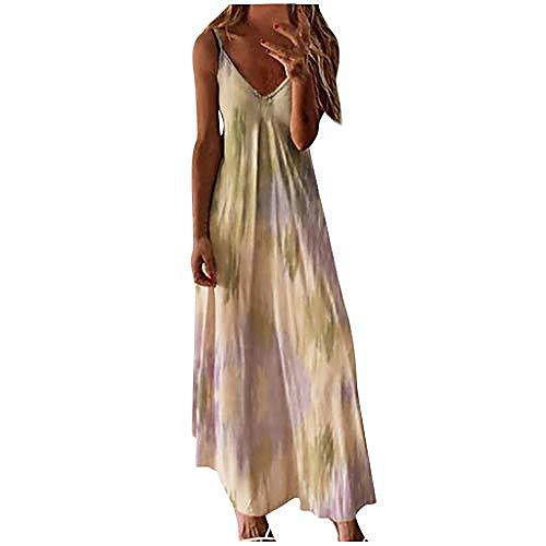

womens tie-dye dress floral print summer dresses v neck sleeveless maxi boho cocktail party beach dress size 8-22 uk (xxxxl, yellow)