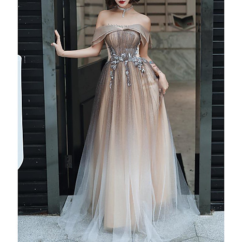 

A-Line Color Block Floral Engagement Formal Evening Dress Off Shoulder Short Sleeve Floor Length Tulle with Pleats Appliques 2021