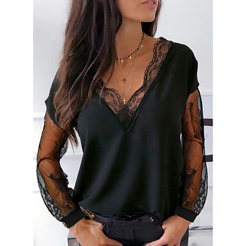 

Women's Blouse Shirt Solid Colored Long Sleeve See Through Mesh Lace V Neck Tops Elegant Streetwear Basic Top White Black Blue