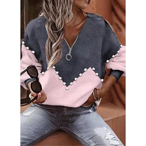 

Women's Knitted Color Block Pullover Long Sleeve Sweater Cardigans V Neck Spring Fall Blushing Pink