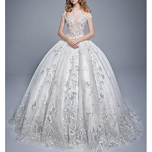 

Princess Ball Gown Wedding Dresses Off Shoulder Floor Length Lace Tulle Short Sleeve Formal Romantic See-Through with Pleats Appliques 2021