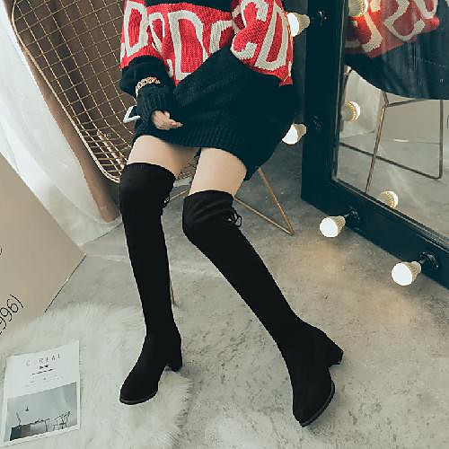 

Women's Boots Block Heel Round Toe Over The Knee Boots Sexy Preppy Wedding Party & Evening Suede Lace-up Solid Colored Black