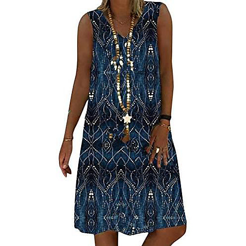 

ladies summer dress v-neck beach dresses a-line dress boho knee-length dresses sleeveless flowers casual dress d blue l