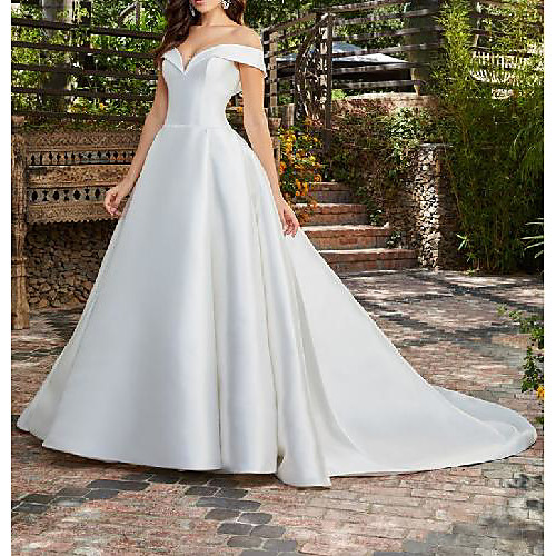 

A-Line Wedding Dresses Off Shoulder Chapel Train Satin Short Sleeve Country Formal Simple with 2021