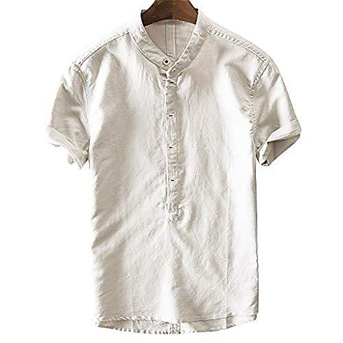 

men's casual linen henley shirt - beach hippie shirts button up solid color pullover top summer blouse -5 colors beige