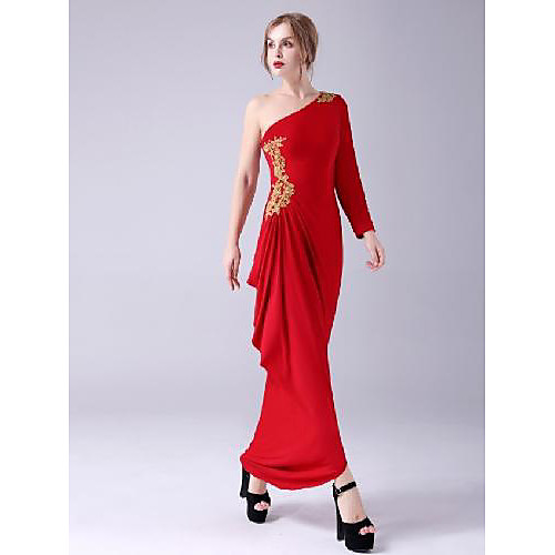 

Sheath / Column Empire Sexy Wedding Guest Formal Evening Dress One Shoulder Long Sleeve Floor Length Spandex with Pleats Beading Appliques 2021