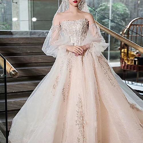 

Princess Ball Gown Wedding Dresses Off Shoulder Chapel Train Lace Tulle Sequined Long Sleeve Formal Luxurious Sparkle & Shine with Pleats Ruffles Appliques 2021