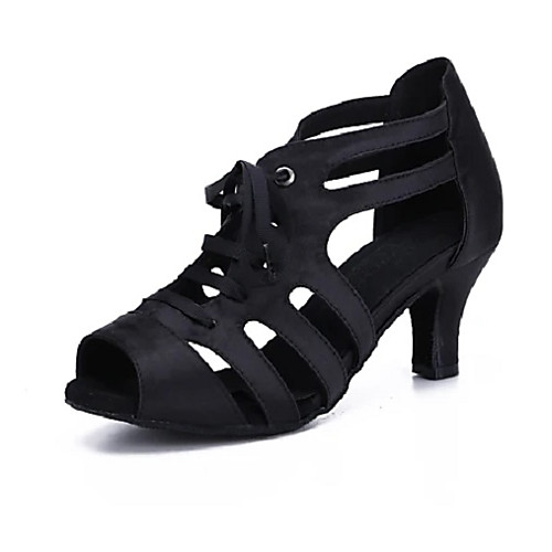 

Women's Latin Shoes Heel Satin Flower Slim High Heel Silver / Black Leopard Dark Brown Lace-up