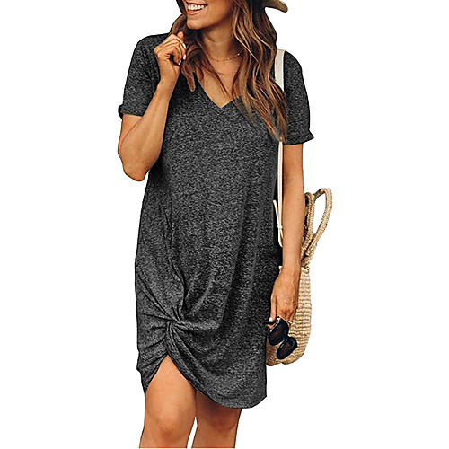 

Women's Shift Dress Knee Length Dress Blue Yellow Blushing Pink Green Dark Gray Brown Short Sleeve Solid Color Summer V Neck Casual Cotton 2021 S M L XL XXL 3XL