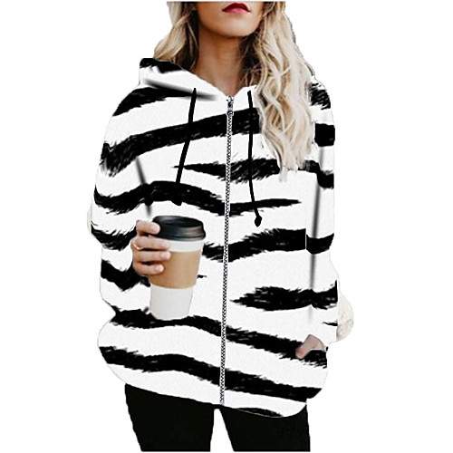 

Women's Striped Print Fall & Winter Hoodied Jacket Long Sports Long Sleeve Cotton Blend Coat Tops White