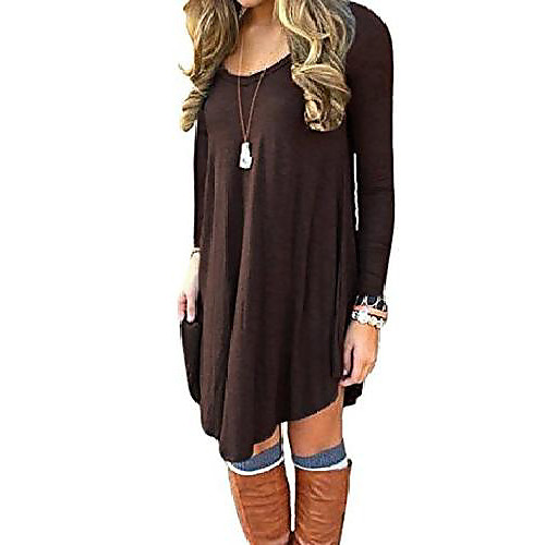 

women long loose sleeve tunic solid dress solid brown w