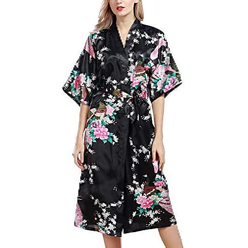 

ladies dressing gown kimono, smooth satin sleepwear bathrobe robe with peacock and flower kimono negligee silk robe loose pajamas, long style (xxx-large, black)