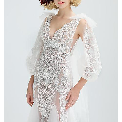 

Mermaid / Trumpet Wedding Dresses V Neck Floor Length Lace Tulle 3/4 Length Sleeve Romantic Sexy See-Through with Bow(s) Appliques 2021