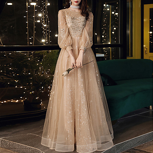 

A-Line Elegant Floral Prom Formal Evening Dress Jewel Neck Long Sleeve Floor Length Tulle with Appliques 2021