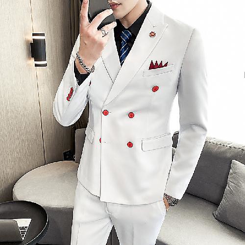

White / Black Solid Colored Slim Fit Polyester Suit - Peak Double Breasted Four-buttons