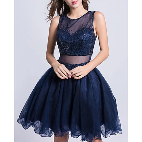 

A-Line Glittering Beautiful Back Homecoming Cocktail Party Dress Illusion Neck Sleeveless Short / Mini Tulle with Pleats Lace Insert 2021