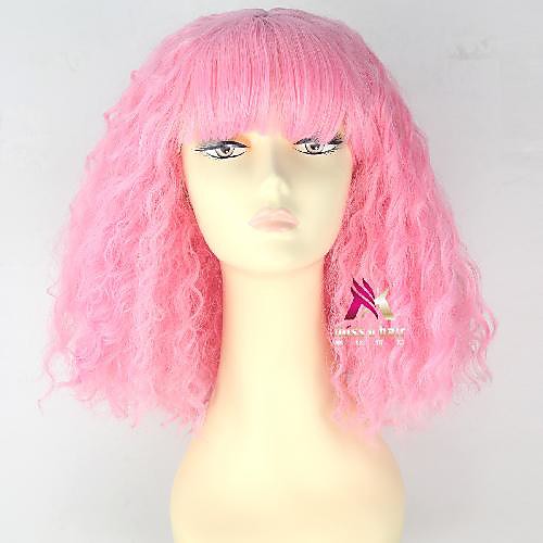 

Synthetic Wig Nicki Minaj Curly With Bangs Wig Short Pink Synthetic Hair 16 inch Women's Cool Fluffy Pink