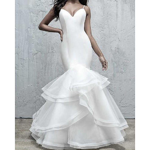 

Mermaid / Trumpet Wedding Dresses V Neck Sweep / Brush Train Organza Satin Sleeveless Romantic Simple with Cascading Ruffles 2021