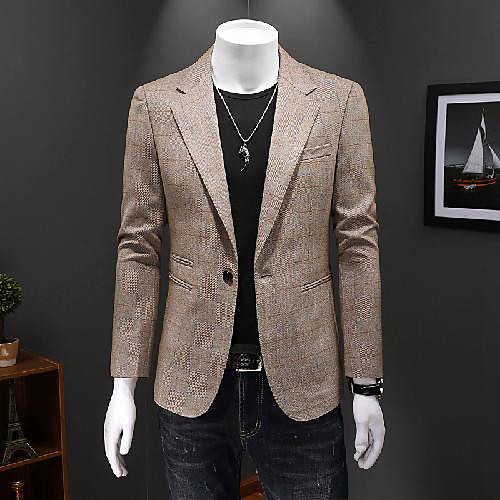 

Khaki Checkered Tailored Fit Polyester Suit - Peak Single Breasted One-button