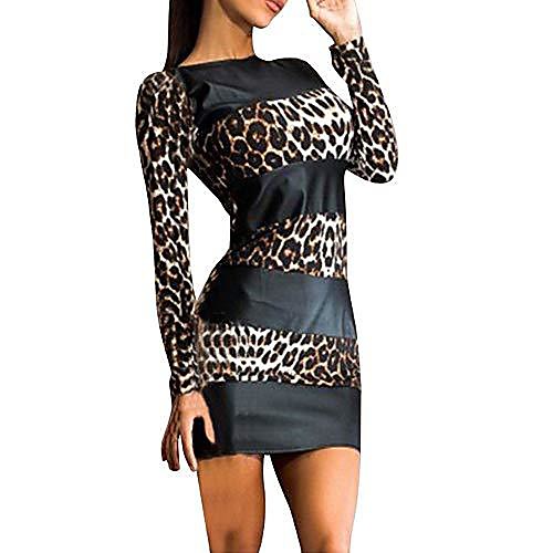 

huihong ladies leather dresses sexy leopard print long sleeve splice short mini party dress clubwear (black, 2xl / eu: 42)