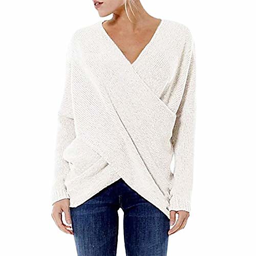 

women top women shirt sexy elegant v-neck solid color knitted shirt and winter loose women's sweater in cross shape fashion women's clothing a-white 3xl