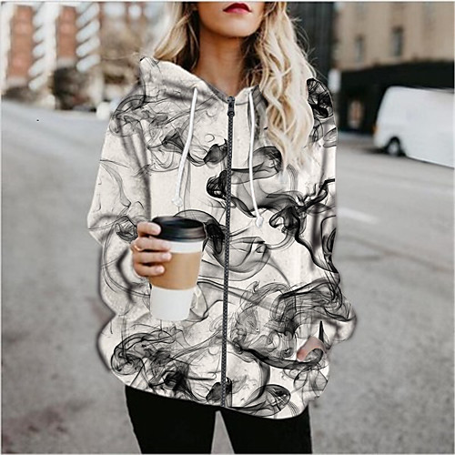 

Women's Print Print Fall & Winter Hoodied Jacket Regular Sports Long Sleeve Cotton Blend Coat Tops Black