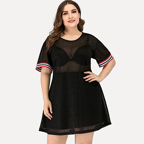 

Women's Plus Size Solid Color Patchwork Casual Short Sleeve Spring & Fall Short Mini Dress Chiffon Dress