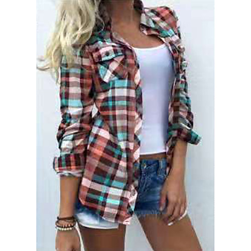 

Women's Plaid Patchwork Basic Spring & Fall Jacket Regular Going out Long Sleeve Cotton Blend Coat Tops Blue
