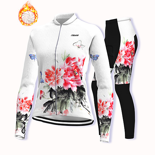 

21Grams Women's Long Sleeve Cycling Jacket with Pants Winter Fleece Spandex White Floral Botanical Bike Fleece Lining Warm Sports Graphic Mountain Bike MTB Road Bike Cycling Clothing Apparel
