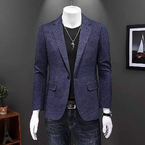 

Dark Navy Striped Tailored Fit Polyester Suit - Notch Single Breasted One-button