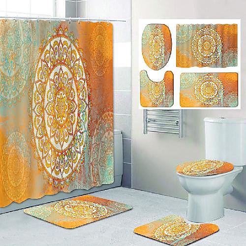 

4 Pcs Mandala Shower Curtain Sets with Rugs, Toilet Lid Cover, Contour Pad and Bath Mat Design Polyester Waterproof