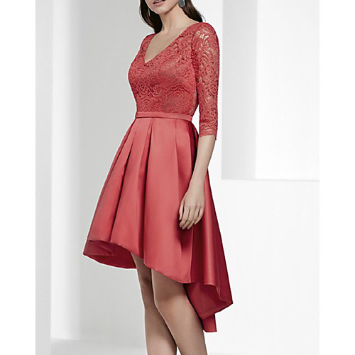 

A-Line Beautiful Back Sexy Engagement Cocktail Party Dress V Neck Half Sleeve Asymmetrical Lace with Pleats 2021