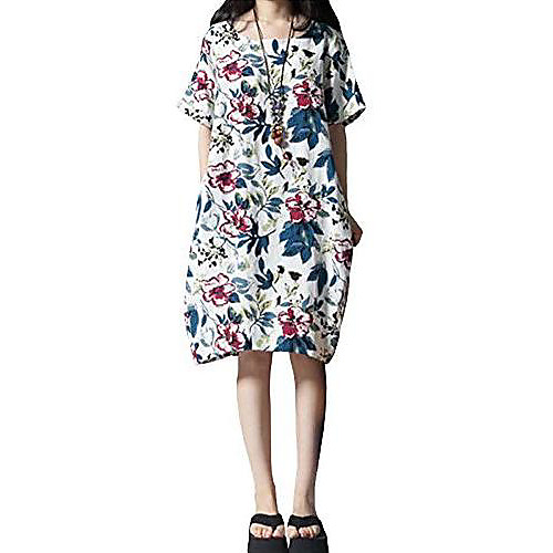 

ladies loose cotton dress floral print pockets short sleeve midi long dress