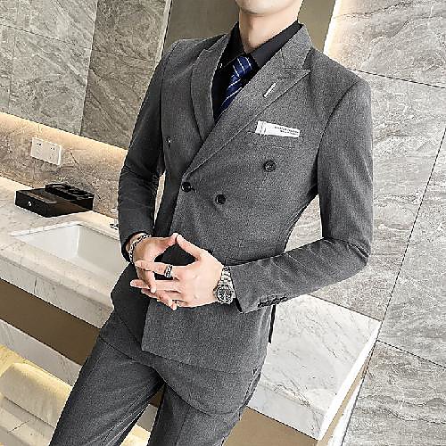 

Black / Gray Solid Colored Slim Fit Polyester Suit - Peak Double Breasted Four-buttons