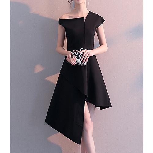 

A-Line Little Black Dress Minimalist Homecoming Party Wear Dress One Shoulder Short Sleeve Asymmetrical Satin with Sleek 2021