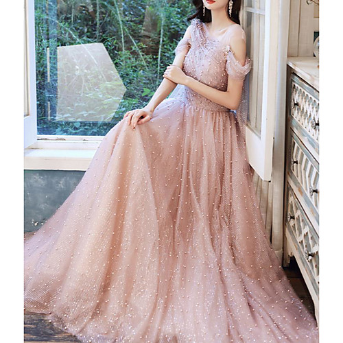 

A-Line Glittering Elegant Engagement Formal Evening Dress Illusion Neck Sleeveless Floor Length Tulle with Pleats Beading 2021