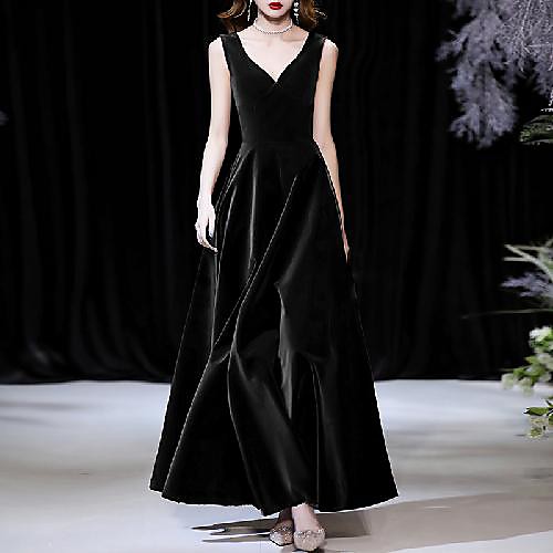 

A-Line Minimalist Elegant Wedding Guest Formal Evening Dress V Neck Sleeveless Ankle Length Velvet with Sleek 2021