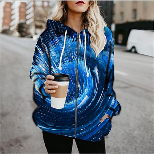 

Women's Print Print Fall & Winter Hoodied Jacket Regular Sports Long Sleeve Cotton Blend Coat Tops Blue