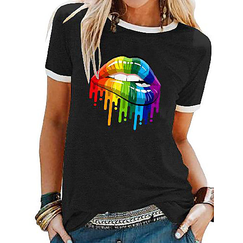 

Women's T shirt Lips Rainbow Patchwork Print Round Neck Tops Basic Basic Top White Black Blue