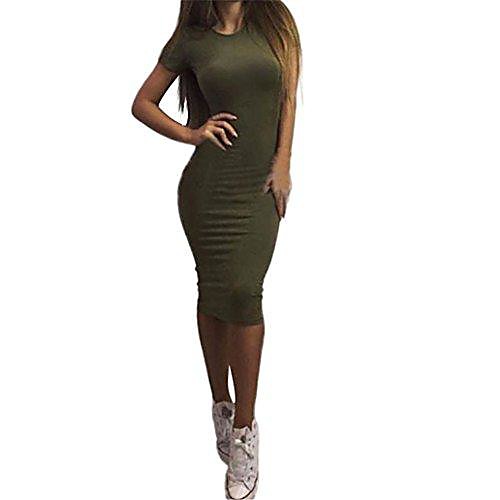 

ladies fashion solid short sleeve slim dress bodycon midi dress