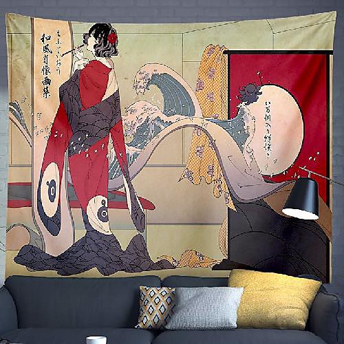 

Japanese Painting Style Ukiyo-E Wall Tapestry Art Decor Blanket Curtain Hanging Home Bedroom Living Room Decoration Kimono Wowen Geisha Cat Crane