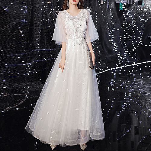 

A-Line Sexy Floral Engagement Prom Dress Jewel Neck Half Sleeve Floor Length Tulle with Crystals Appliques 2021