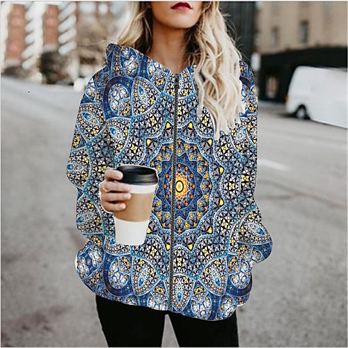 

Women's Geometric Patchwork Active Spring & Fall Hoodied Jacket Regular Sports Long Sleeve Cotton Blend Coat Tops Blue