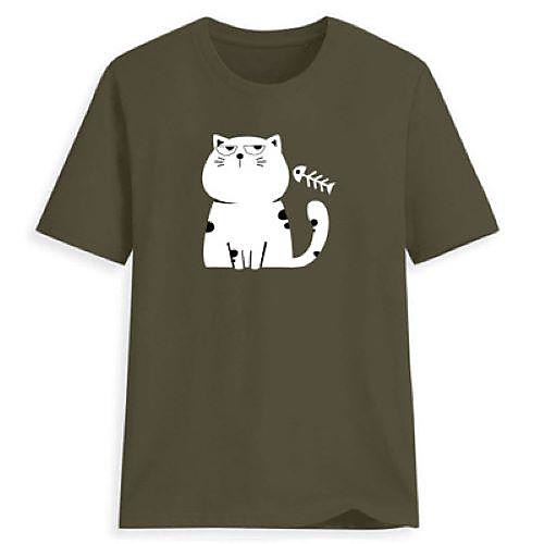 

Women's T shirt Cat Print Round Neck Tops Basic Basic Top White Black Yellow