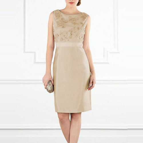 

Sheath / Column Minimalist Elegant Engagement Cocktail Party Dress Jewel Neck Sleeveless Knee Length Lace Satin with Appliques 2021