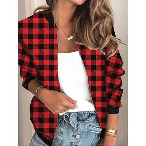 

Women's Plaid Patchwork Streetwear Spring & Fall Jacket Regular Sports Long Sleeve Rayon Coat Tops Red