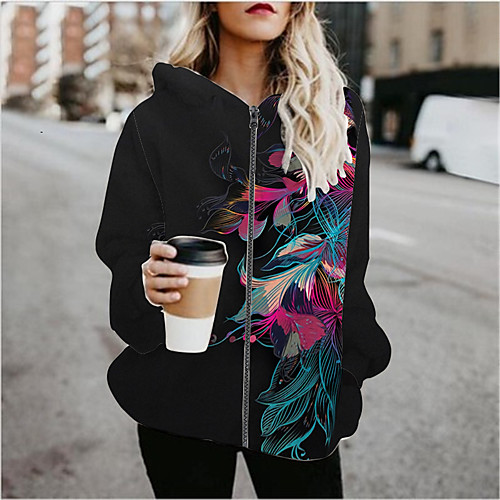 

Women's Plants Patchwork Active Spring & Fall Hoodied Jacket Regular Sports Long Sleeve Cotton Blend Coat Tops Black