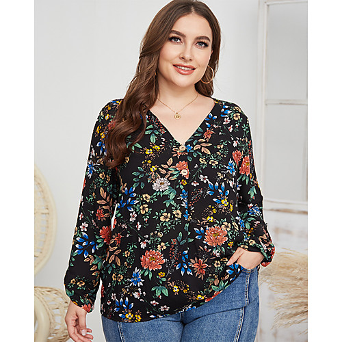 

Women's Plus Size Print Floral Blouse Large Size V Neck Long Sleeve Tops Big Size